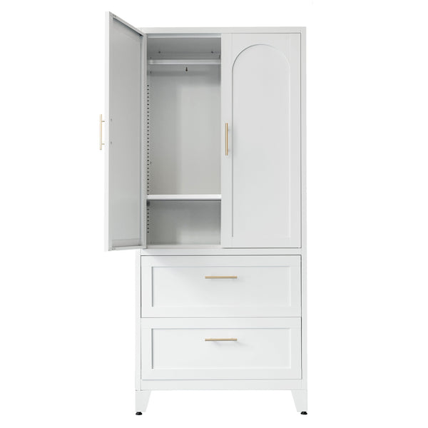 English Elm 71" Tall Metal Wardrobe Cabinet with 2 Drawers, Adjustable Shelf & Hanging Rod — Space-Saving White Closet Organizer W3387P351602