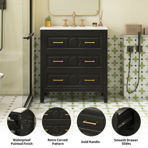 English Elm 30'' Bathroom Vanity with Ceramic Sink, Solid Wood Frame Retro Style Vanity with 3 Drawers & Gold Handles Black N710P246209B