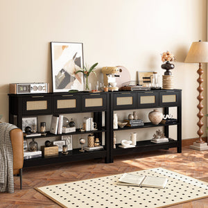 English Elm 43.3" Farmhouse Console Table Rattan Drawer Fronts Open Shelving Entryway Storage Black T3210P426419