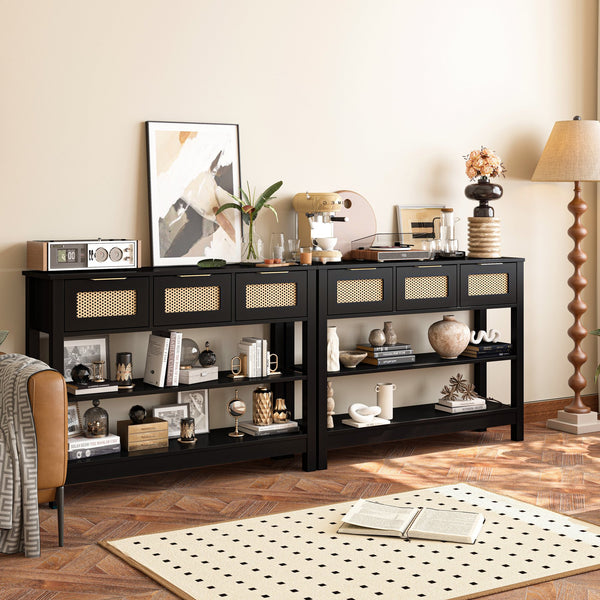 English Elm 43.3" Farmhouse Console Table Rattan Drawer Fronts Open Shelving Entryway Storage Black T3210P426419