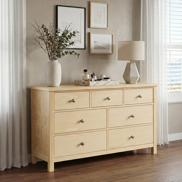 English Elm Transitional 7-drawer Pine Wood Dresser with Chrome Knobs for Master Bedroom B011P473070
