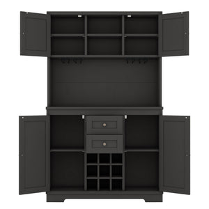 English Elm Coffee Bar Cabinet Dark Blue Farmhouse Buffet with Wine Cubbies, Stemware Rack, Drawers, Shelves & Prep Space Black W1580S00088
