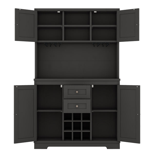 English Elm Coffee Bar Cabinet Dark Blue Farmhouse Buffet with Wine Cubbies, Stemware Rack, Drawers, Shelves & Prep Space Black W1580S00088