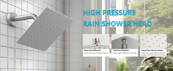 English Elm Shower 8" Square Rain Head Faucet Set with Single-Handle Mixer, 15" Arm, Rack Storage & Detachable Trim (Modern) Brushed Nickel T3177P269411