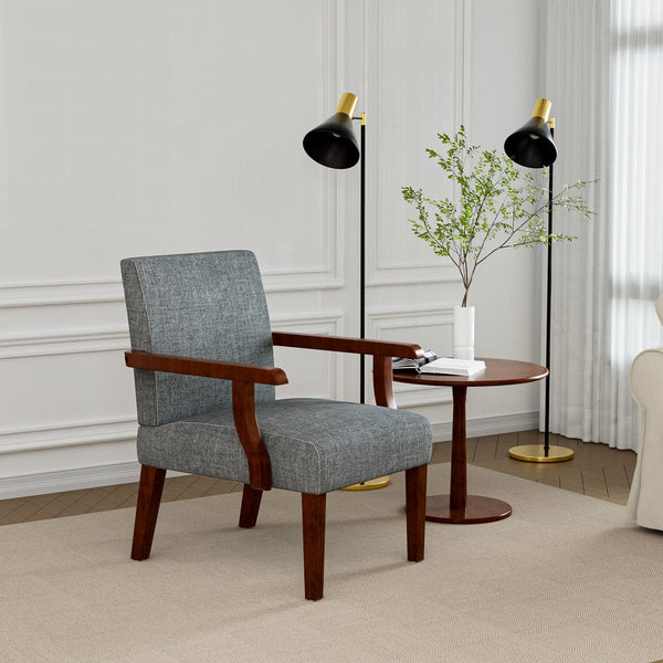 English Elm Fabric Accent Arm Chair Set with Round Wood Side Table — Durable Hardwood Frame, Cozy Seating for Small Spaces Grey W1420P188103