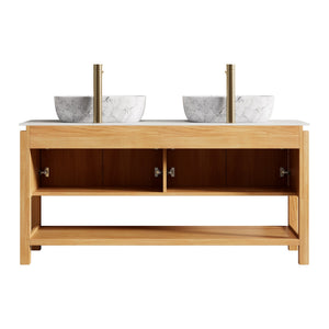 English Elm Dina 60 Inch Floating Bathroom Vanity Sintered Stone Top Dual Glass Basins Wood Grain W2615S00519