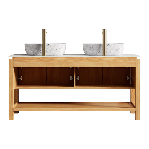 English Elm Dina 60 Inch Floating Bathroom Vanity Sintered Stone Top Dual Glass Basins Wood Grain W2615S00519