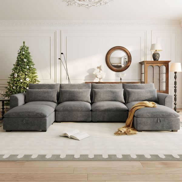 English Elm U_style Modular U-shaped Sectional Sofa with Storage Ottomans Linen Polyester 6 Seat Gray WY000462AAE