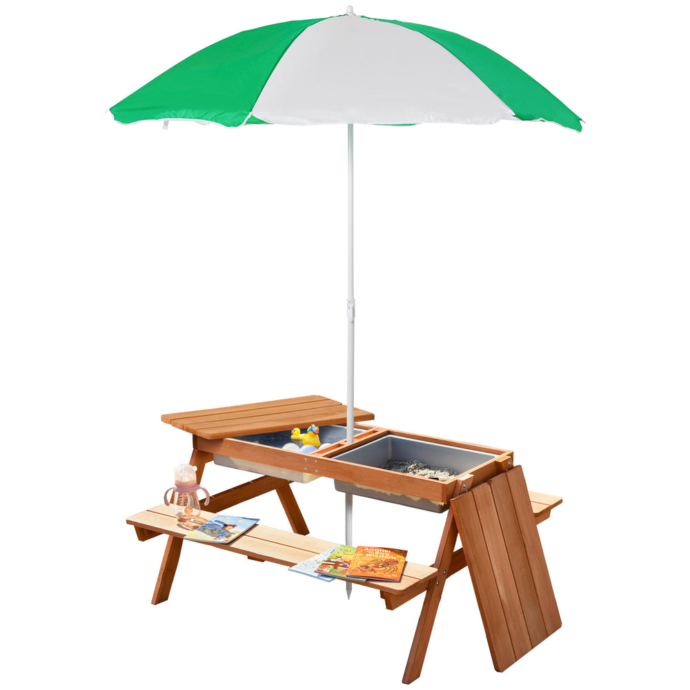 English Elm Outsunny Solid Fir Wood Kids Picnic Table with Shade Umbrella and Sand Basin W2225P217336