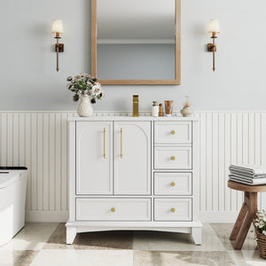 English Elm 35.6" Freestanding Bathroom Vanity with Roman Column Base and Ceramic Integrated Sink White W1801S00003