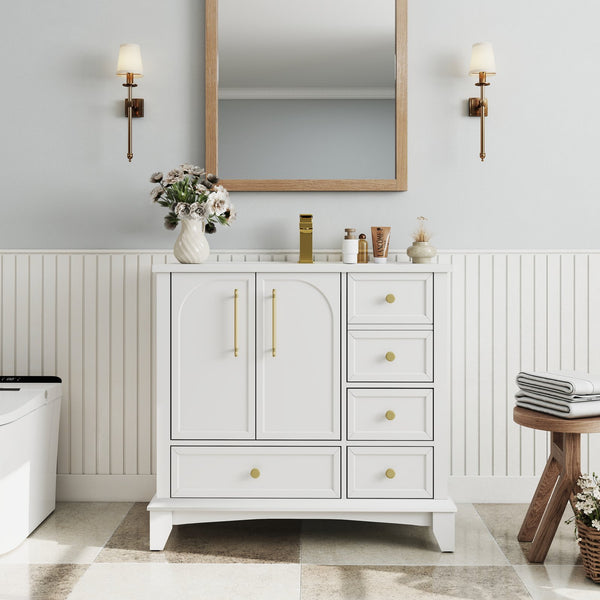 English Elm 35.6" Freestanding Bathroom Vanity with Roman Column Base and Ceramic Integrated Sink White W1801S00003