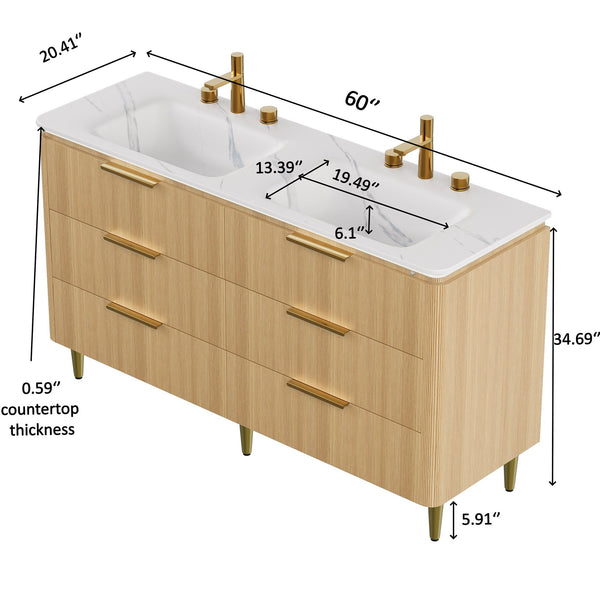 English Elm AMARA 60" Bathroom Vanity with Integrated Sintered Stone Basin, Preassembled Plywood Cabinet with Motion-Activated Light and Soft-Close Drawers Carrara White,Light Oak W2615P346341