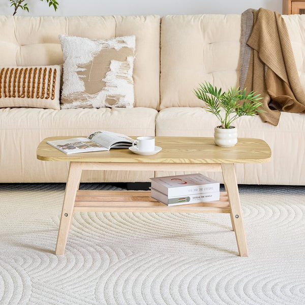 English Elm 39 Inch Solid Wood Coffee Table with Dual Open Shelves for Living Room Storage W2920P407664