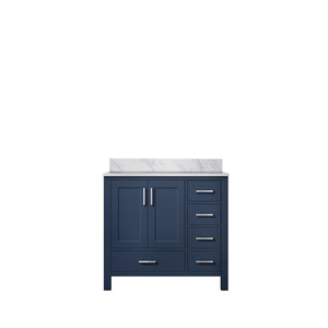 English Elm Navy Solid Wood Bath Vanity 36" W x 22" D Left Offset with Carrara Marble Top, Soft-Close Drawers B2731P258856