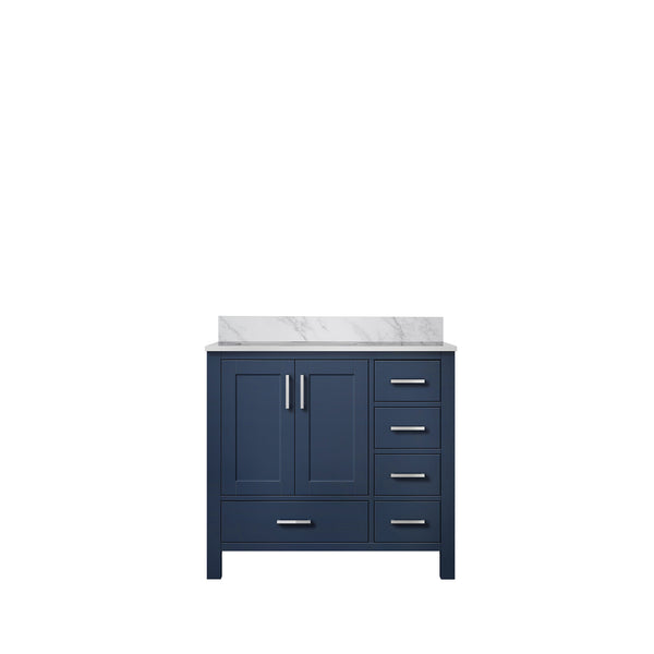 English Elm Navy Solid Wood Bath Vanity 36" W x 22" D Left Offset with Carrara Marble Top, Soft-Close Drawers B2731P258856
