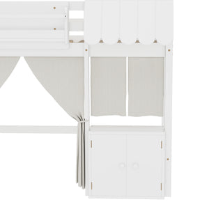 English Elm Twin Loft Bed Cottage-Style Playhouse with Built-In Bookshelf, Curtain & Storage, Safe Guardrails White W1580S00355