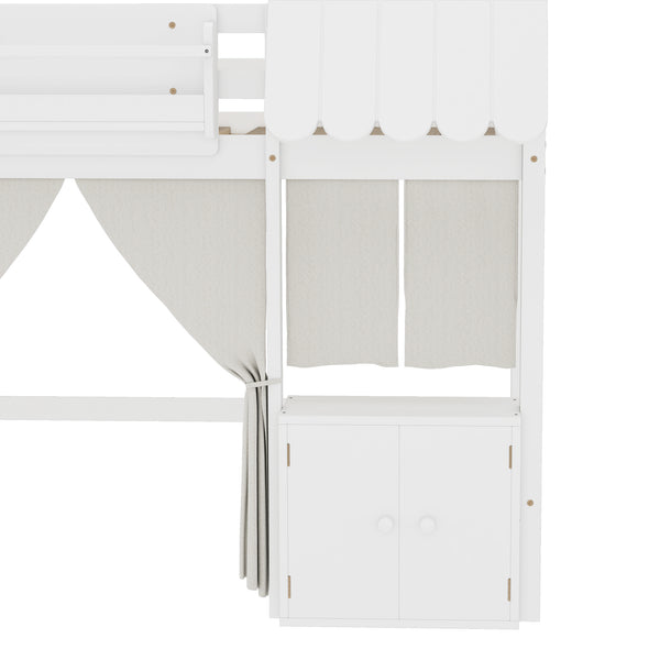 English Elm Twin Loft Bed Cottage-Style Playhouse with Built-In Bookshelf, Curtain & Storage, Safe Guardrails White W1580S00355