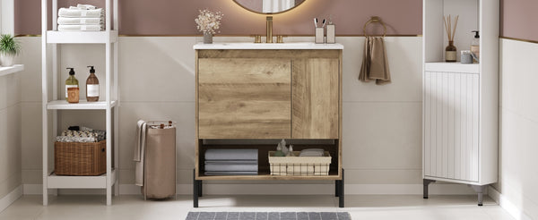 English Elm 30" Modern Wood Bathroom Vanity with Ceramic Sink, Soft-Close Door, Drawer Dividers & Open Shelf N710P247136P