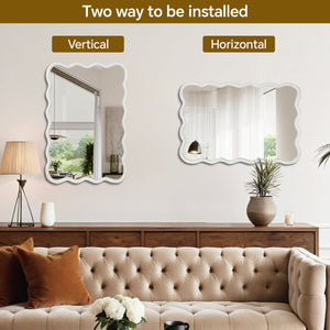 English Elm White 24"x36" Wavy Rectangle Solid Wood Frame Mirror - Elegant Bohemian Design, Tempered Glass Clarity W2203P389034