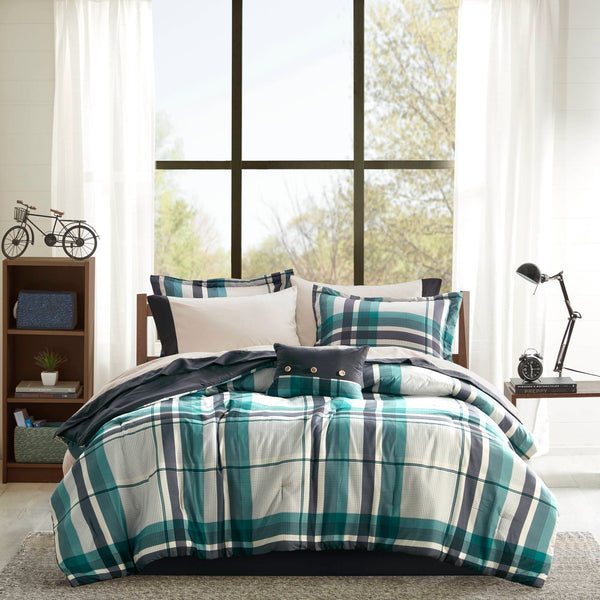 English Elm 7 Pcs Twin Xl Teal And Black Plaid Comforter Set - Soft Microfiber Bedding With Sheets & Pillow B035P319865