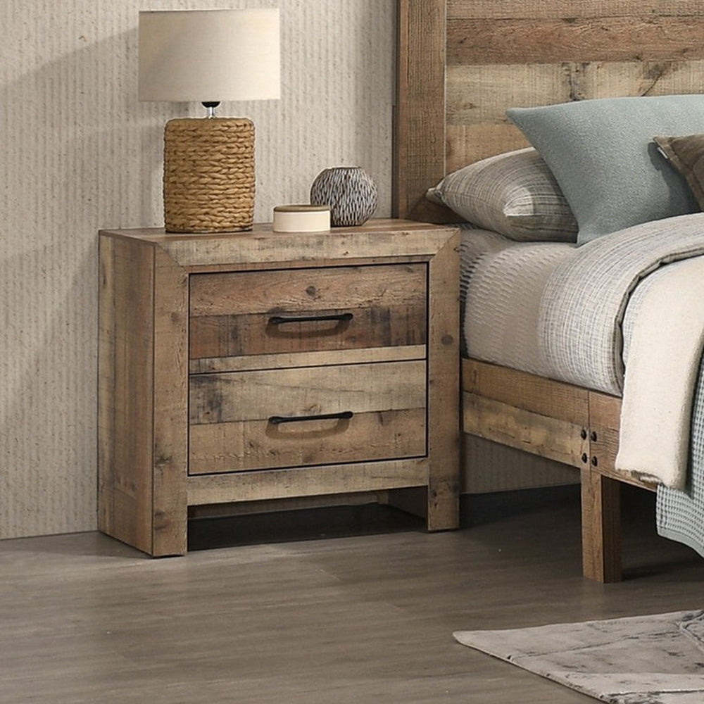 English Elm 1pc Rustic Farmhouse Two Drawer Nightstand Faux Reclaimed Wood Grain Bedroom Storage B2741P484436