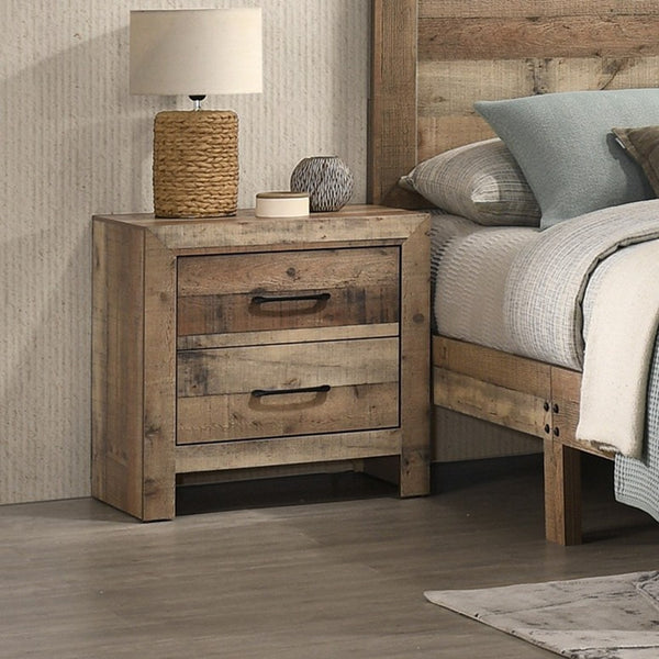 English Elm 1pc Rustic Farmhouse Two Drawer Nightstand Faux Reclaimed Wood Grain Bedroom Storage B2741P484436