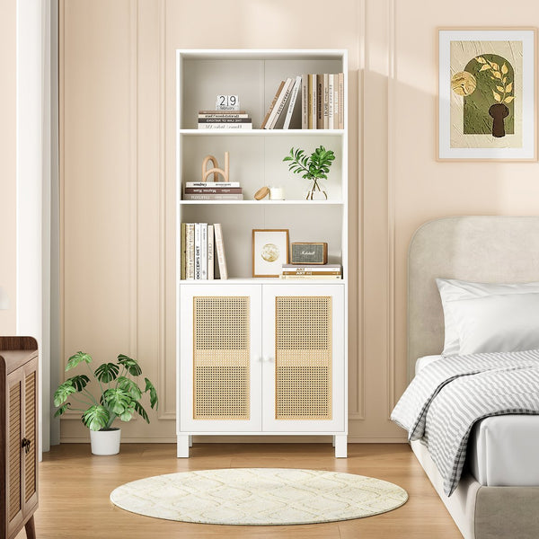 English Elm Tall Rattan Door Bookcase with 5 Shelves — Stylish Tall Storage Shelf for Living Room Office LibraryBedroom White T3623P379893