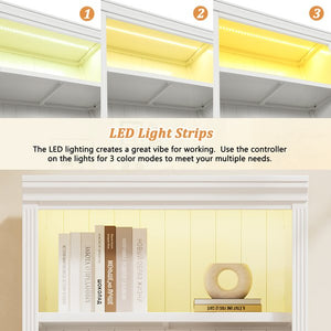 English Elm 83" 5-Tier Bookcase Suite with LED Light Strip, Adjustable Shelves, Cable Management & Solid Wood Frame White N751S246920K