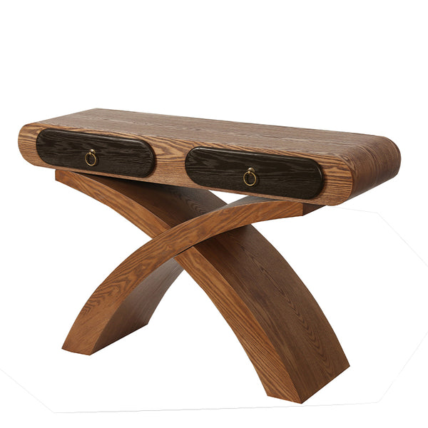 English Elm Ashwood Veneered Console Table with X Frame Legs and Two Drawers for Entryway Halls W3040P455736