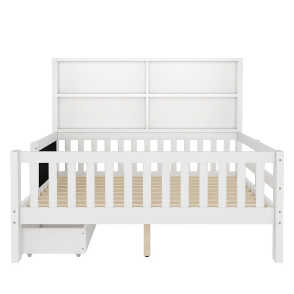 English Elm Full Solid Wood Platform Bed with Chalkboard Headboard, Storage Drawers & Shelves, Kid-Friendly White Off White W1580P362707