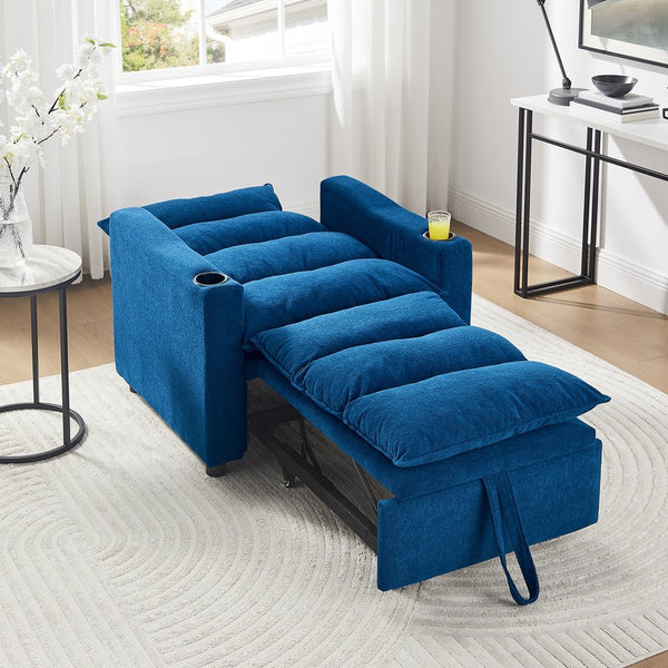 English Elm Sleeper 3-in-1 Convertible Sofa Chair Bed with Lychee Velvet, Adjustable Recline & Cup Holder Blue W1117P265775