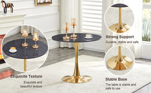 English Elm Round Faux Marble Tulip Pedestal Dining Table Mid Century Modern for Small Bistro Spaces Gold,Gray W2920P405351