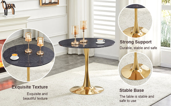 English Elm Round Faux Marble Tulip Pedestal Dining Table Mid Century Modern for Small Bistro Spaces Gold,Gray W2920P405351