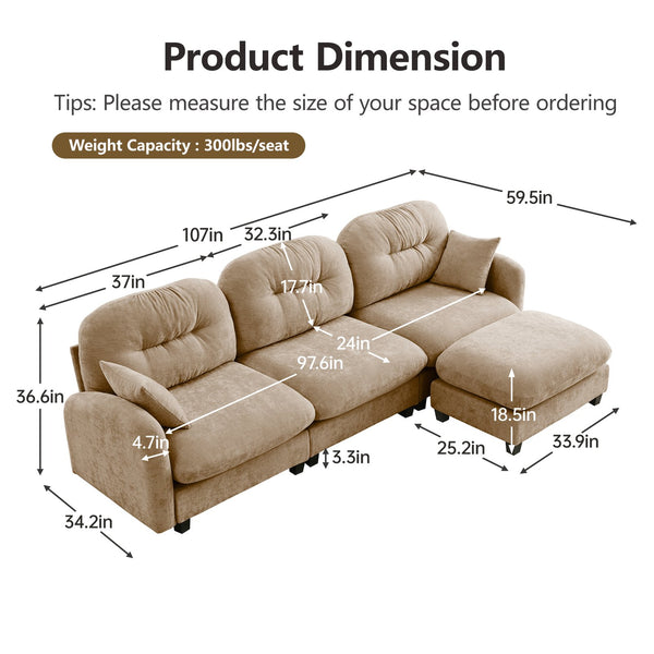 English Elm Modular L-Shaped Sectional Sofa With Movable Ottoman, Premium Chenille, Ergonomic Comfort Design W714S01378