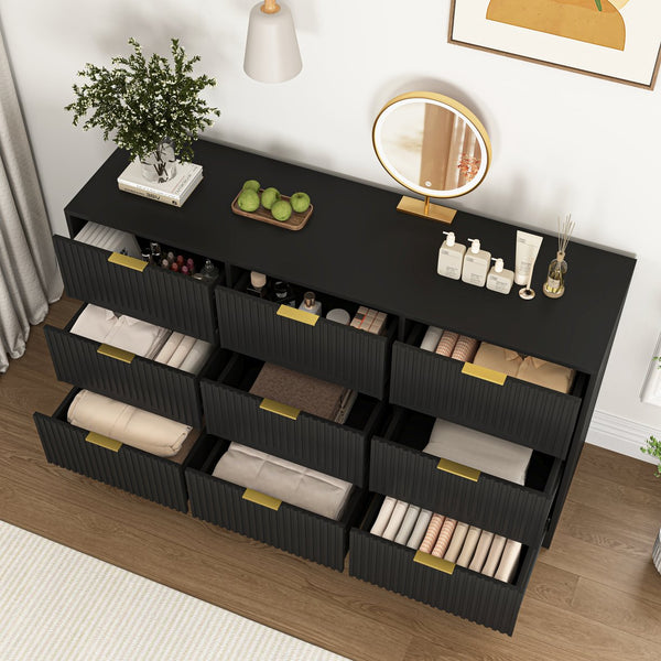 English Elm Black Nine Drawer Wide Dresser Matte Wood Chest with Wavy Relief Panels Bedroom Storage Black W409P307541