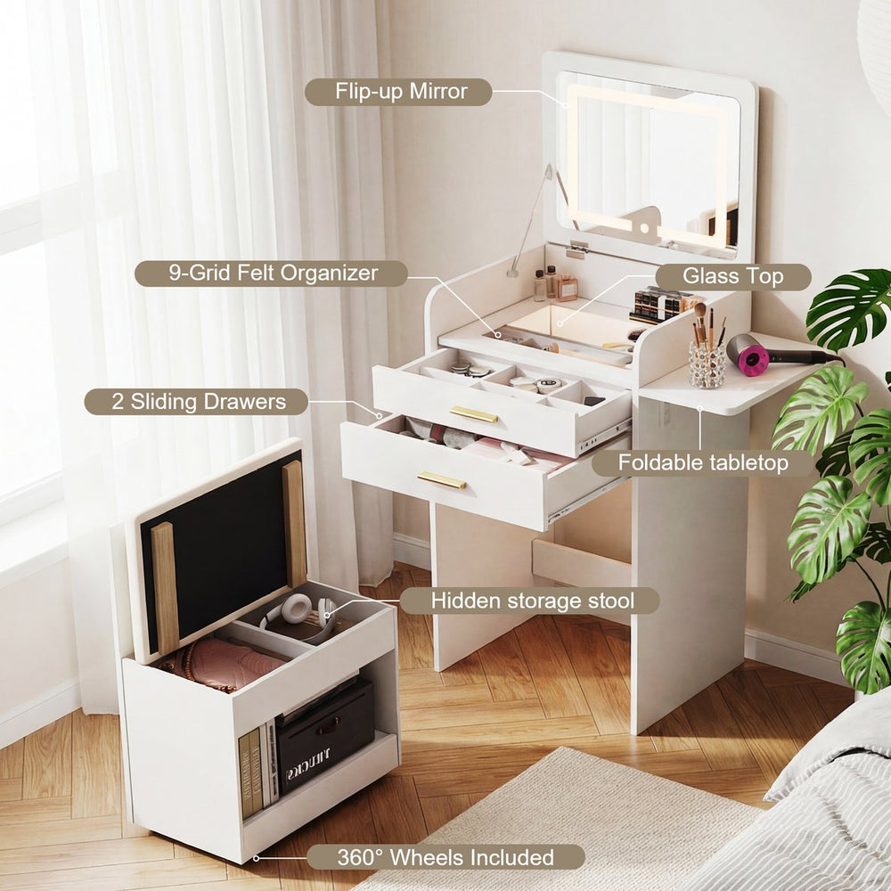 English Elm Flip-top Vanity with Led Lighting Folding Mirror Stool and Storage for Small Bedrooms W3767P441920