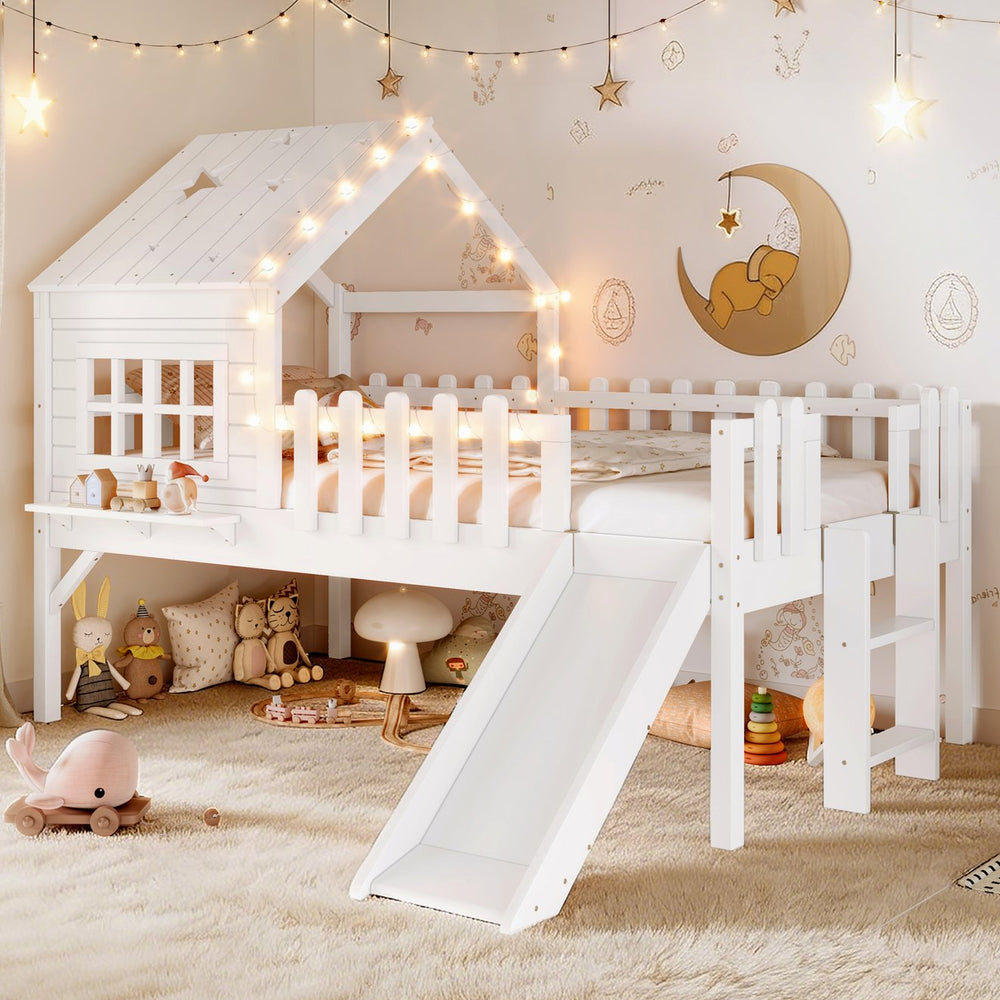 English Elm Twin Playhouse Loft Bed Solid Pine Frame with Slide Led Lights and Star Roof White W5316S00001
