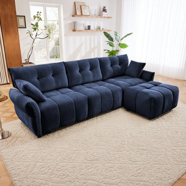 English Elm Three-Seat Sofa Set With Ottoman, Textured Blue Chenille & High-Resilience Cushions For Comfort W714S01149-GIGA