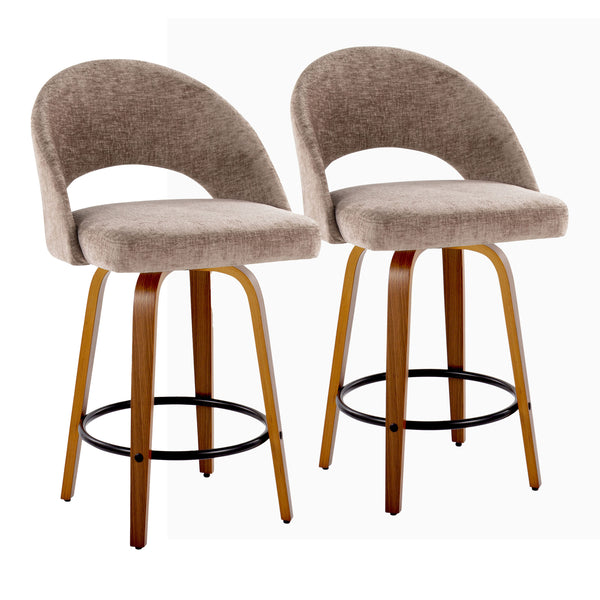 English Elm Fixed-height Walnut Wood Counter Stools with Fabric Seats Mid-century Modern Set of 2 B202S02152