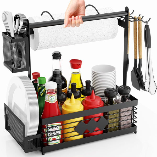 English Elm Picnic Grill Caddy Organizer with Tool Hooks Condiment Storage and Towel Holder W2181P483981