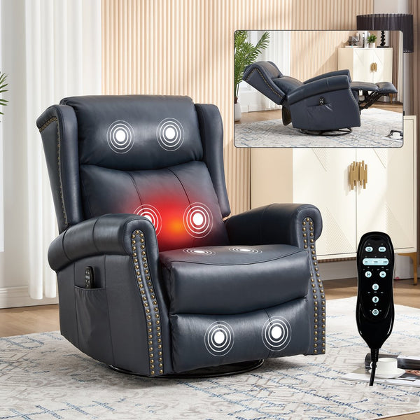 English Elm Heat Massage Rocker Swivel Recliner in Genuine Leather with Lumbar Relief for Living Room W3224S00012