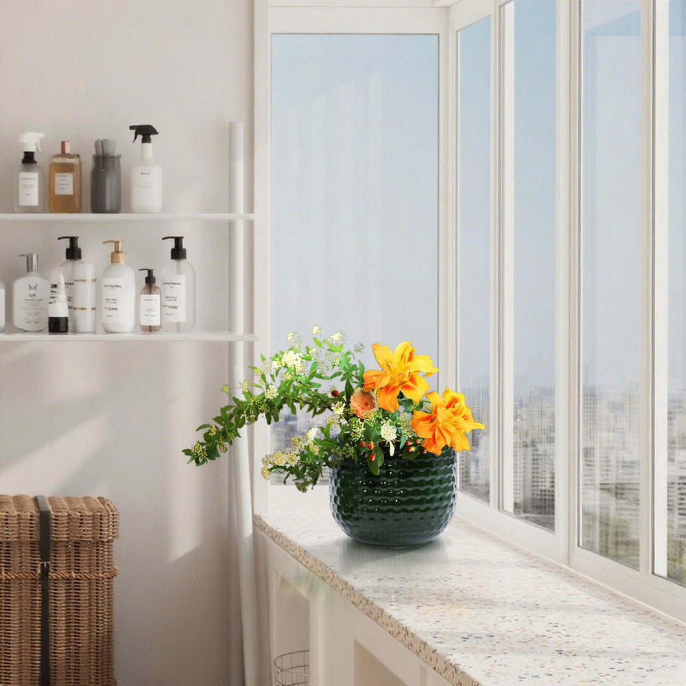 English Elm 3 Pieces Ceramic Flowerpot Set - Elegant Dark Green Planters For Garden, Patio & Indoor Spaces W3273P321559