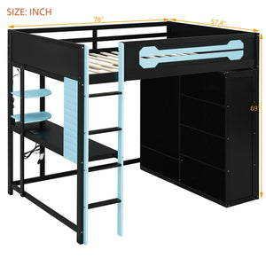 English Elm Full Size Gaming Loft Bed with Rgb Lighting Integrated Desk and Open Wardrobe Blue N820S00073C