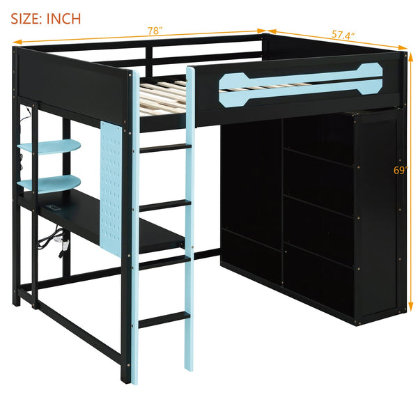 English Elm Full Size Gaming Loft Bed with Rgb Lighting Integrated Desk and Open Wardrobe Blue N820S00073C