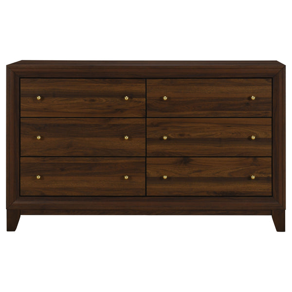 English Elm Anza Six Drawer Walnut Grain Dresser with Gold Knobs for Modern Bedroom Storage B062P451889