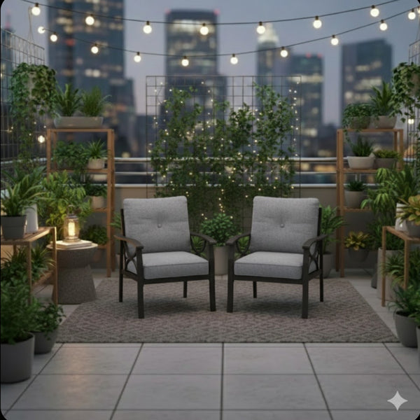 English Elm Set of 2 Outdoor Steel Armchairs Powder Coated Matte Frame with Cushioned Patio Seating Gray+ Khaki B082P455143
