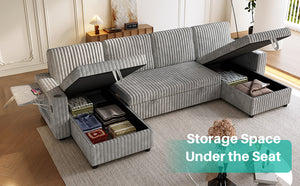 English Elm Oversized U Shaped Corduroy Sectional Sleeper Sofa with Storage Chaise and Usb Ports Grey W2564S00049