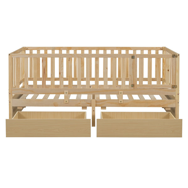 English Elm Twin Pinewood Daybed with Fence Guardrails Two Storage Drawers and Split Floor Bed Natural LP200881AAN