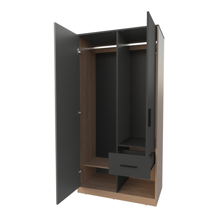 English Elm Matt Grey Two-Tone Wardrobe with Drawer and Open Shelves, 2-Door Melamine Closet for Modern Bedrooms (96) B062S01137