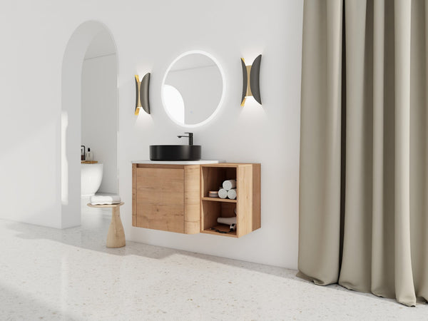 English Elm 36'' Wall-Mounted Bathroom Vanity With Ceramic Vessel Sink, Soft-Close Door & Stylish Storage Shelves W999S00407